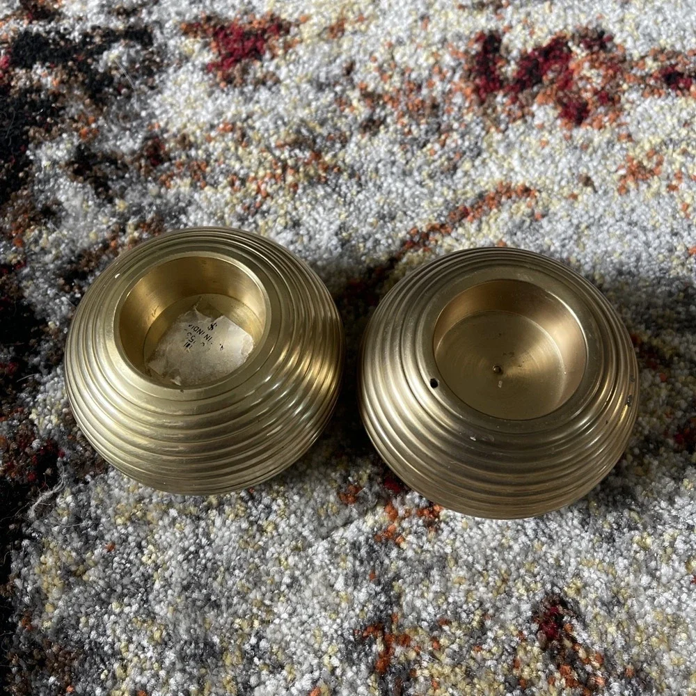 VTG Pair MCM Ribbed Beehive Brass Candle Stick Holders Tea Light 3.25